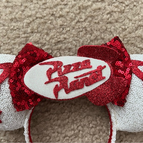 Pixar inspired Pizza Planet Red and White Minnie Mouse Ears - Picture 2 of 5